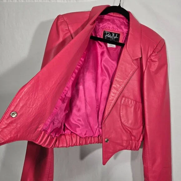USA Vintage PHILIP NOEL Retro BARBIECORE Bright PINK Leather Crop Jacket Size M. - Picture 9 of 17